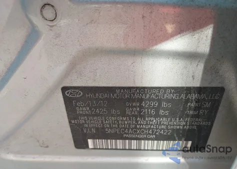 2012 Hyundai Sonata Limited z USA, uszkodzony, nr VIN 5NPEC4ACXCH472422